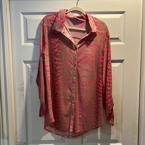 Beach Bunny Swimwear Neon Pink Tan Tiger Stripe Cover Up Shirt L Swim Beach